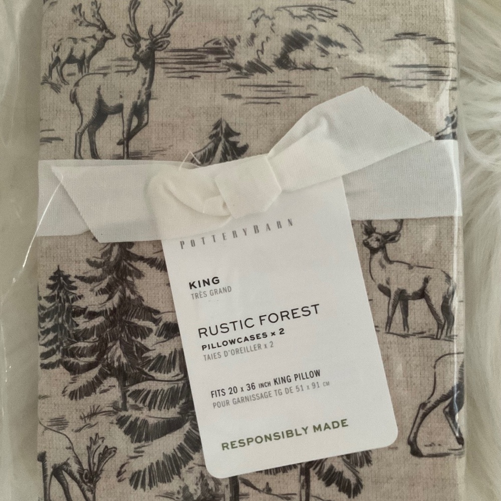 NWT Pottery Barn Rustic Forest King Pillowcases Set of 2 Woodland Cabin Deer